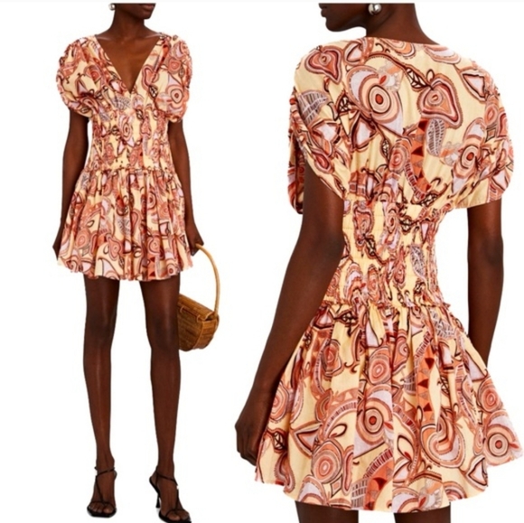 A.L.C. Luna Cotton Swirl Print Mini Dress Split Sleaves in Peach and Brown NWOT - Picture 1 of 16